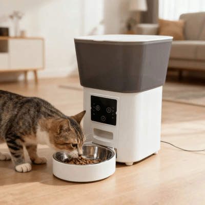 distributeur automatique de croquettes chat posé dans un salon