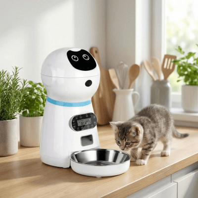 chaton s'approche du distributeur automatique de croquettes chat