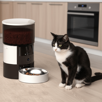 distributeur automatique de croquettes pour chat dans la cuisine