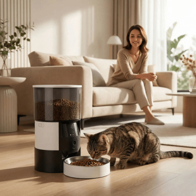 distributeur automatique de croquettes pour chat dans le salon