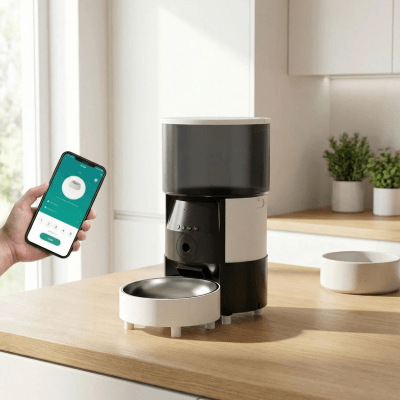distributeur automatique de croquettes pour chat sur le comptoir 