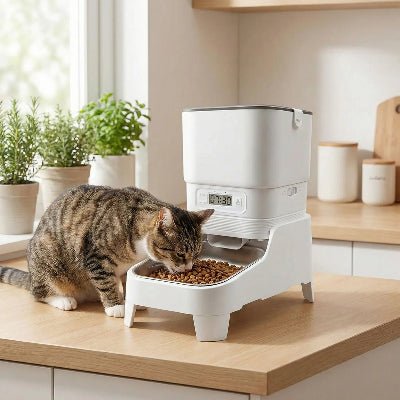 distributeur croquette chat automatique avec chat en train de manger
