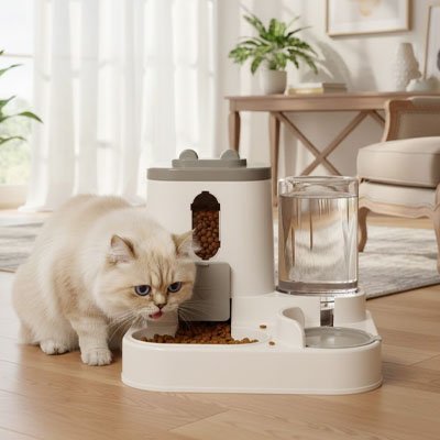 distributeur croquette chat avec un chat qui mange