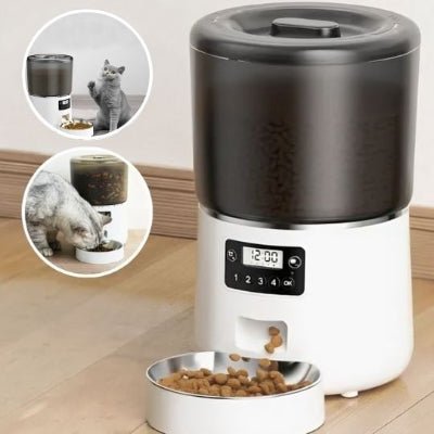 distributeur croquette chat blanc distribue une portion                                                                                                                   avec photos a gauche