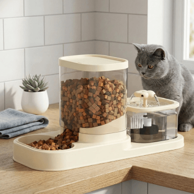 distributeur de croquette sur un comptoir de cuisine