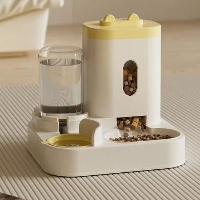 distributeur de croquettes chat avec réservoir eau jaune