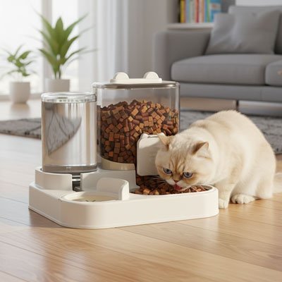 distributeur de croquettes chat avec un chat qui mange