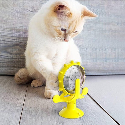 chat beige jouant distributeur de croquettes pour chat jaune