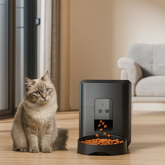 chat beige observe distributeur de croquettes pour chat dans salon