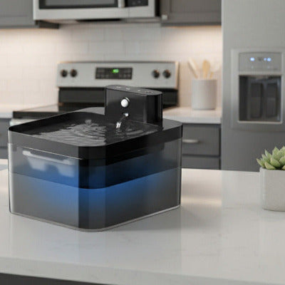 élégante-fontaine-eau-chat-bleu-nuit-noire