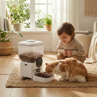 un enfant observant le chat manger dans un distributeur croquette chat automatique