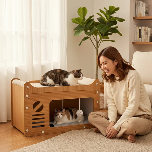 femme à côté du griffoir maison pour chat