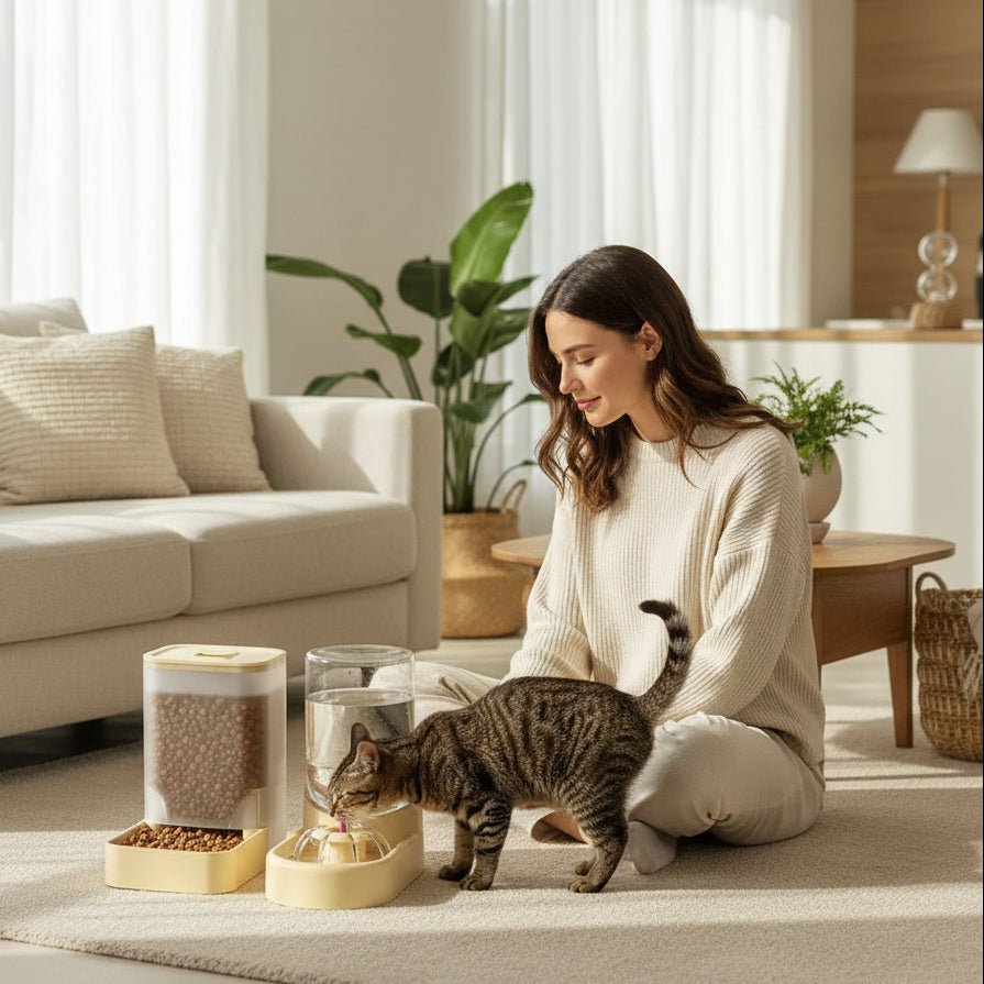 femme assis prés de son chat buvant l'eau dans le distributeur eau pour chat