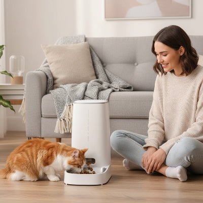 une femme assis à côté chat mangeant dans la gamelle intelligente chat