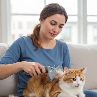 Femme brossant un chat avec une brosse pour Chat       