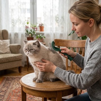 femme brosse avec la brosse chat poil long