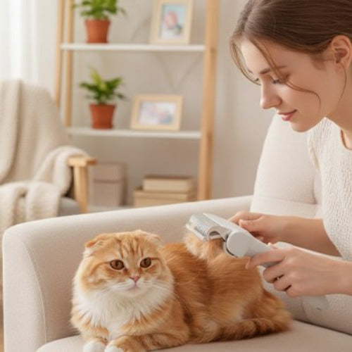femme brosse chat avec brosse poil chat sur canapé