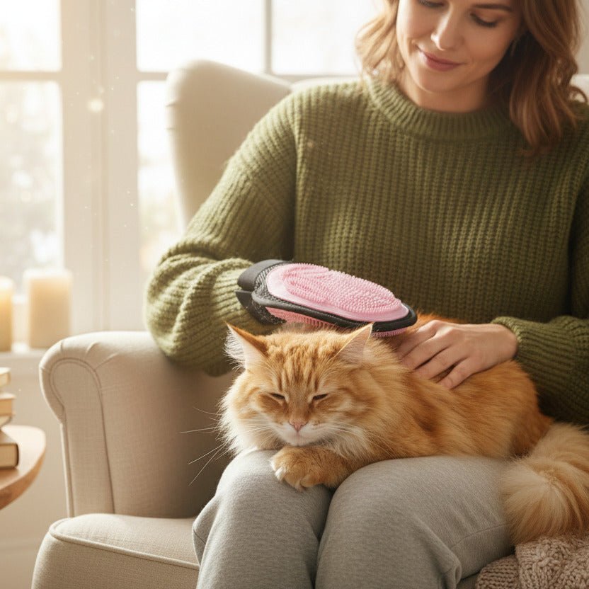 femme brosse le chat avec gant poil chat rose