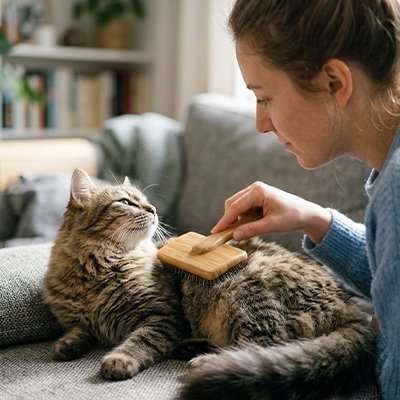femme brosse son chat brun avec la brosse chat poil long​ 