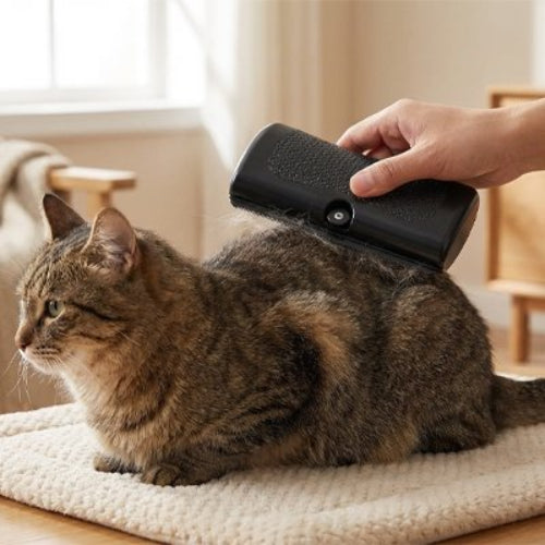 femme brosse chat brun avec brosse poil chat