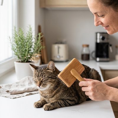 femme brosse son chat rayé avec la brosse chat poil long​ 