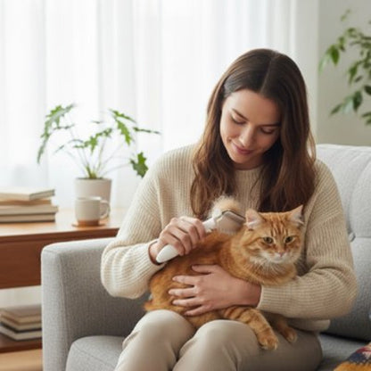 femme brosse chat roux avec brosse poil chat