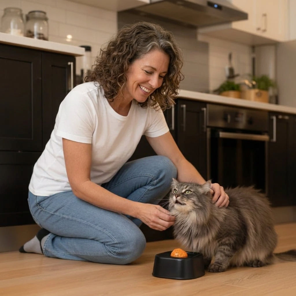 femme caresse son chat près de la gamelle anti glouton pour pâtée chat 