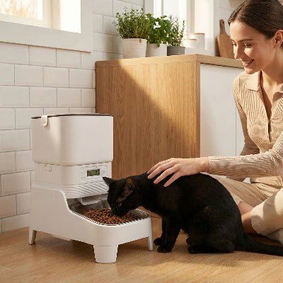 une femme caresse le chat pendant son repas dans distributeur croquette chat automatique