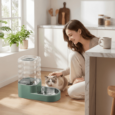 femme caresse son chat prés du distributeur eau chat