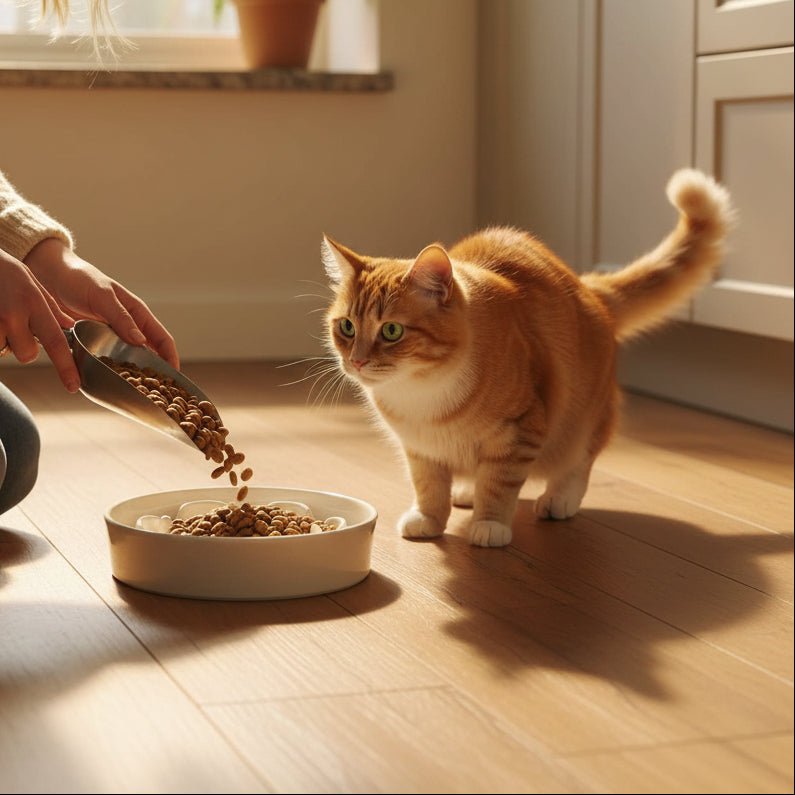 femme dépose les croquettes dans la Gamelle anti glouton pour chat en céramique