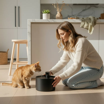 femme dépose la fontaine a eau ceramique chat 