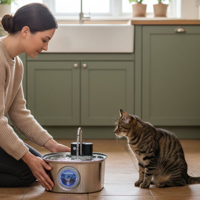 femme dépose la fontaine à eau chat inox sans fil