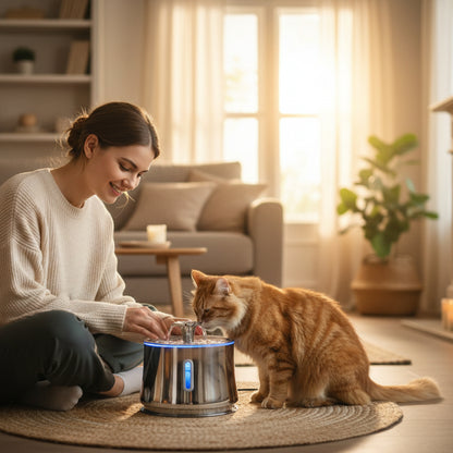 femme dépose la fontaine à eau chat inox au sol