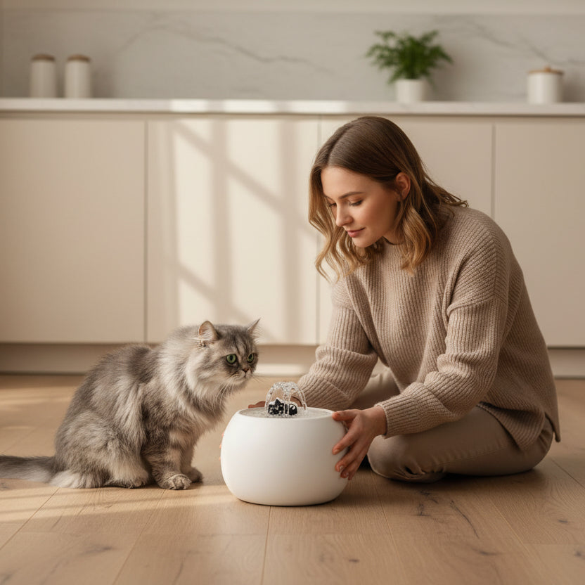 femme dépose la fontaine a eau pour chat ceramique près du chat