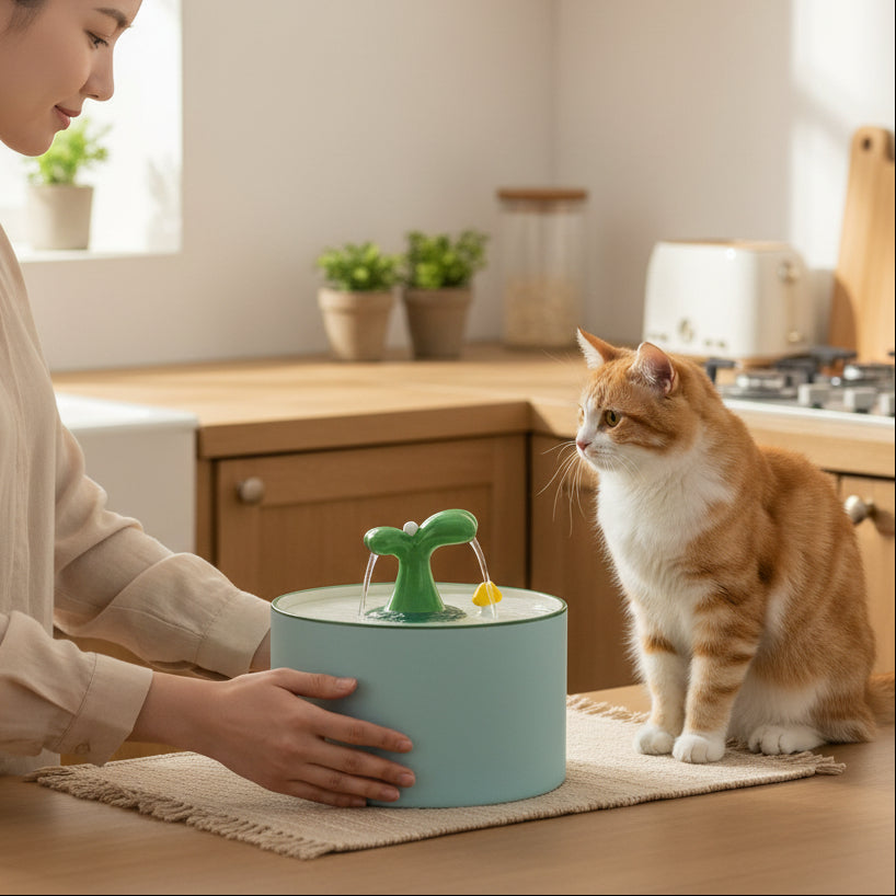 femme dépose la fontaine a eau pour chat ceramique près de son chat