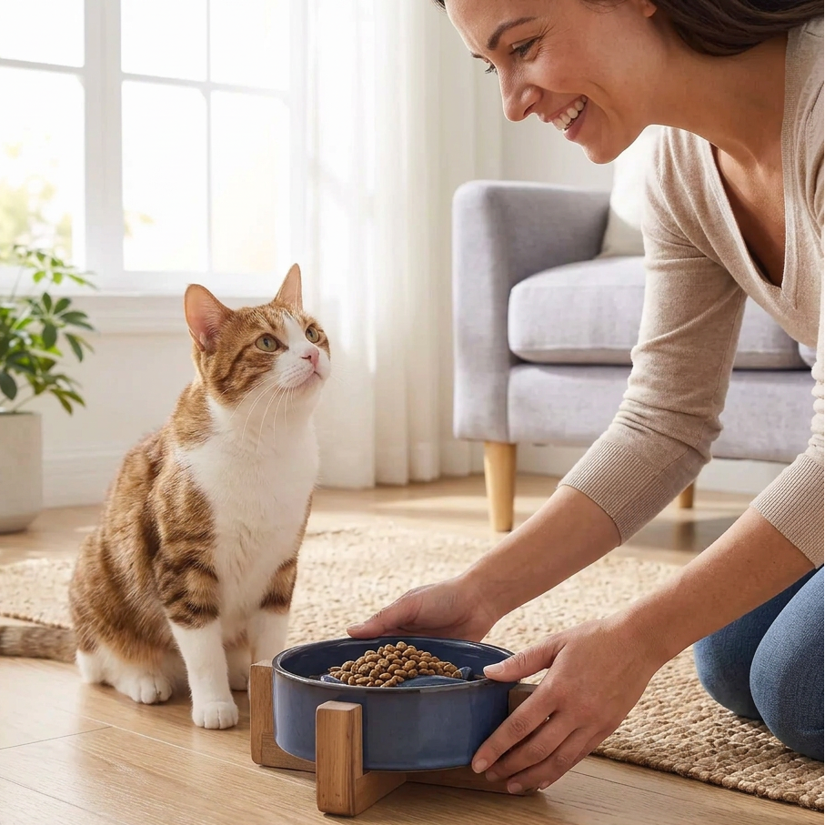 femme dépose la gamelle anti glouton pour chat