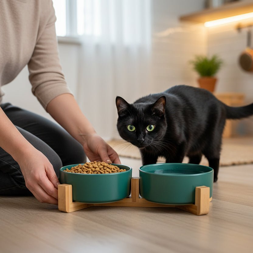 femme dépose la gamelle double pour chat au sol