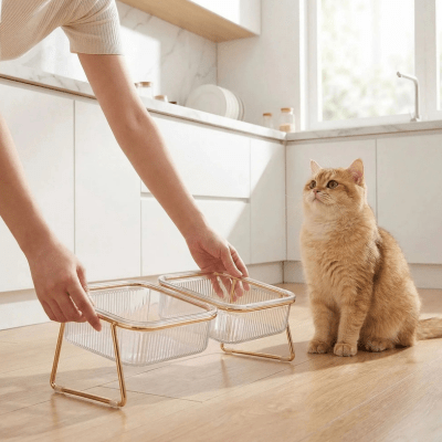 femme dépose les gamelles pour chats double