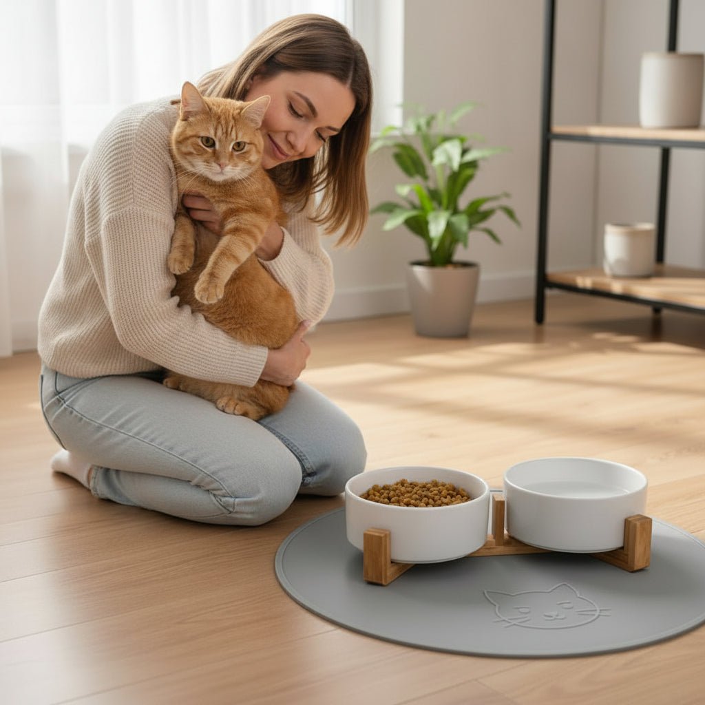 femme donne un câlin à côté de la gamelle double pour chat