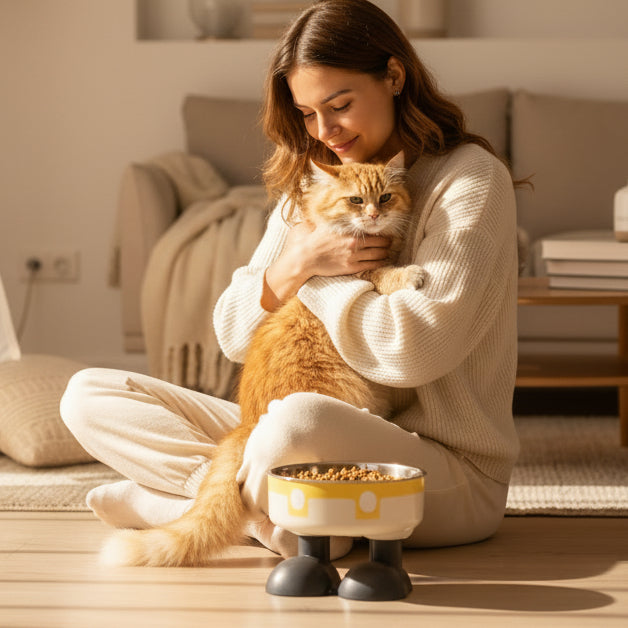 femme donne un câlin à son chat à côté de la gamelle inox pour chat 
