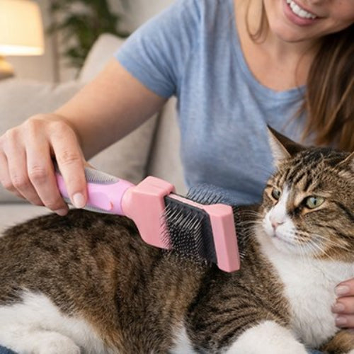 femme fait brosser chat avec brosse poil chat petite