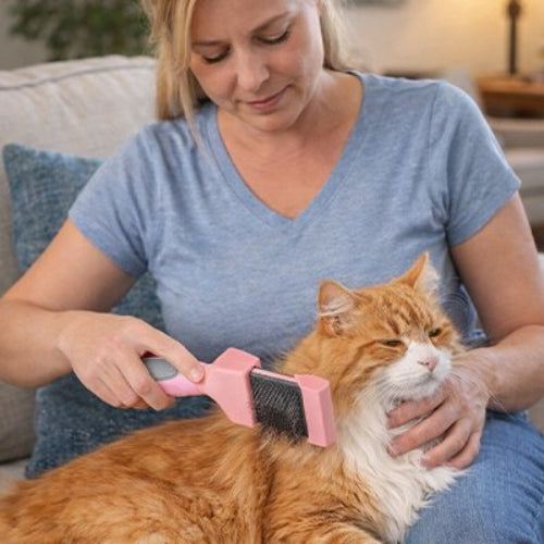 femme fait brosser chat avec brosse poil chat