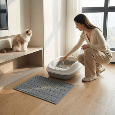femme fait la litière à côté du tapis litiere chat