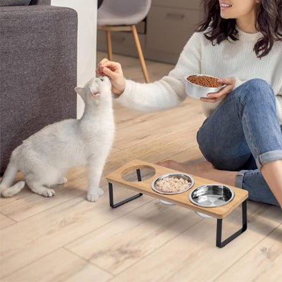 Une femme fait manger son chat près de la gamelle chat