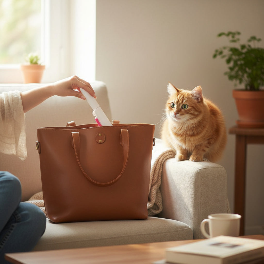 femme met la brosse anti poil dans son sac 