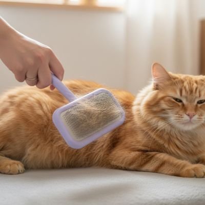 une femme met la brosse pour chat à poil long sur le chat
