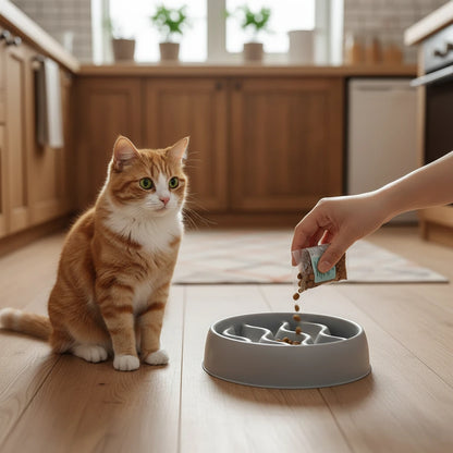 femme met des croquette dans la gamelle chat anti glouton