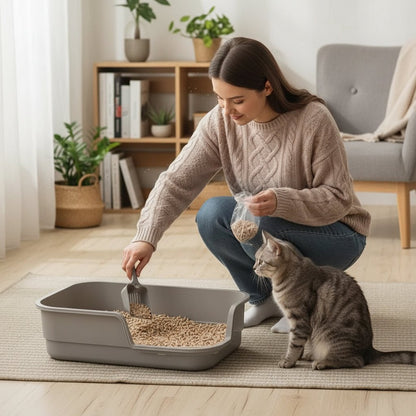 une femme nettoie le bac a litiere a chat 