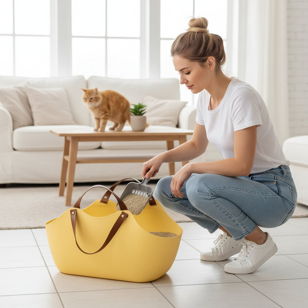 femme nettoie le litière de voyage pour chat