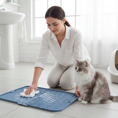une femme nettoie le tapis litiere chat